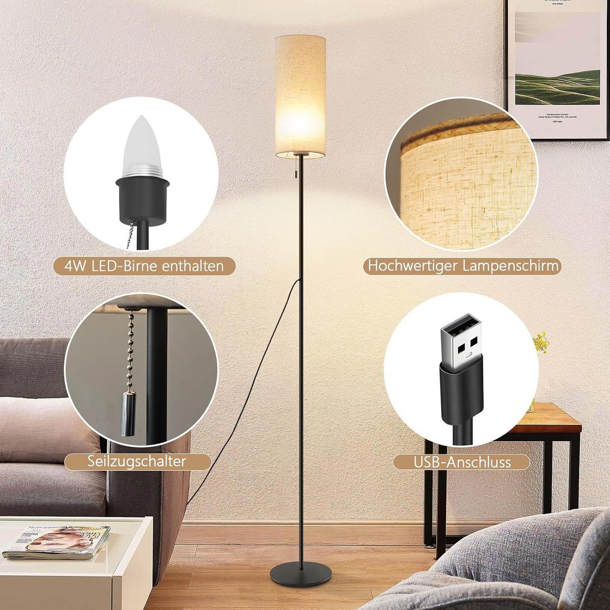 LED STEHLAMPE Sonnfried 14/16/151 cm - Schwarz, Textil/Metall (14/16/151cm) - ZMH