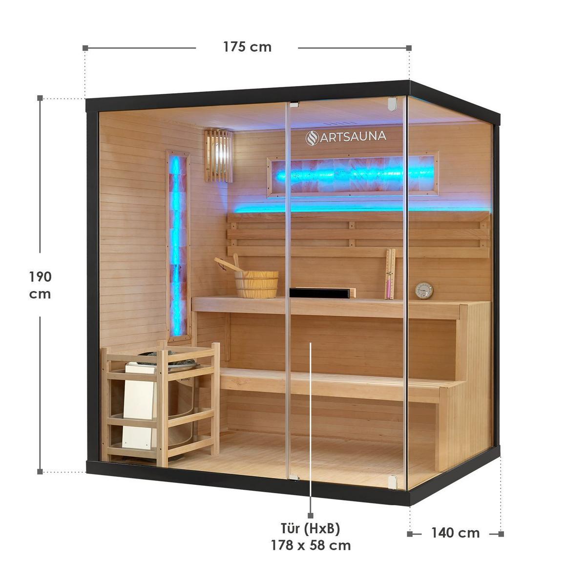 SAUNA Vantaa 175 x 140 cm mit 8 kW Saunaofen - Schwarz, Holz (140/200/175cm) - Artsauna