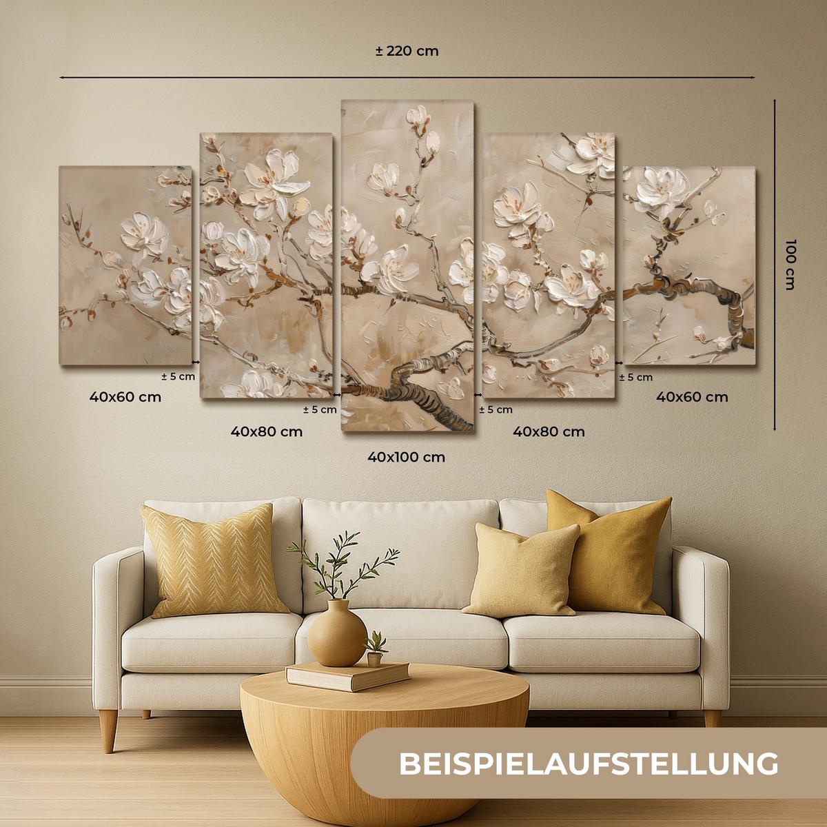 LEINWANDBILD 5er Set Beige - Blüte - Modern 200x100 cm - Beige, Textil (200/100cm) - MuchoWow