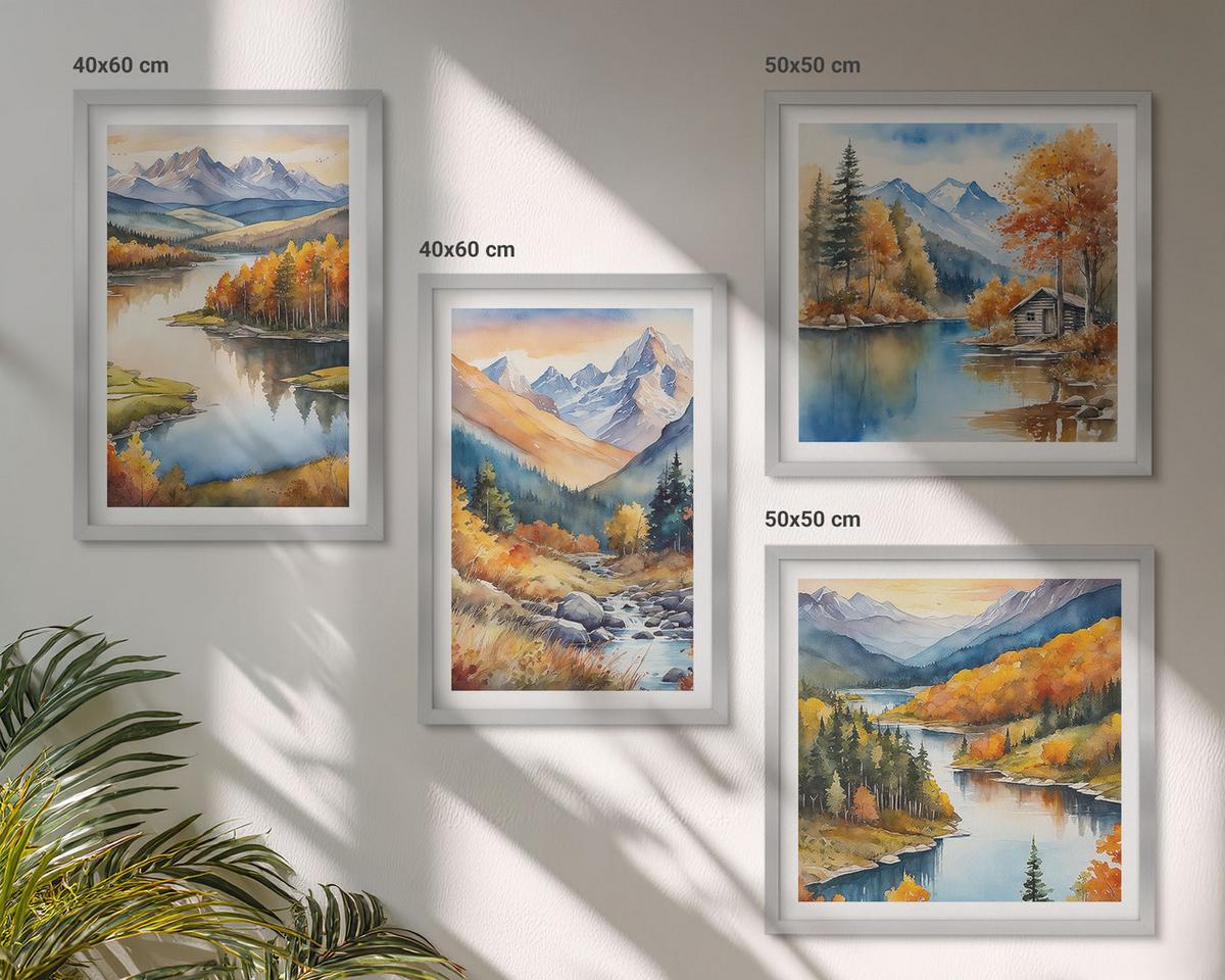 BILDER SET 4er Set - 50x50 cm & 40x60 cm Silberner Rahmen - Bergblick, Fluss, Herbst - Silberfarben, Kunststoff (50/50cm) - TULUP