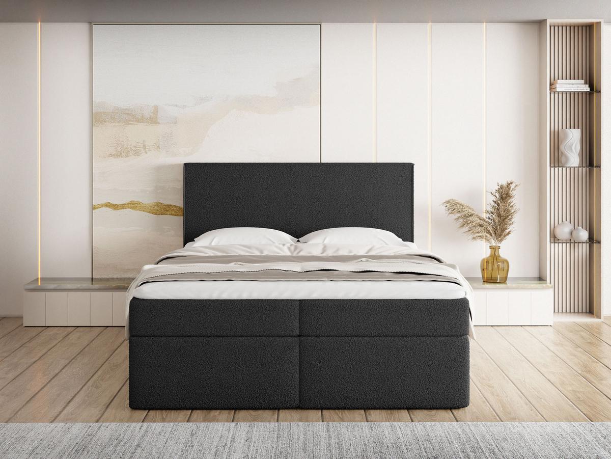 BOXBETT Terra mit Bettkasten, Boucle Schwarz 140/200 cm – 7-Zonen Taschenfederkern-Matratze & Komfortschaum-Topper - Schwarz, Kunststoff/Textil (140/200cm) - WFL GROUP