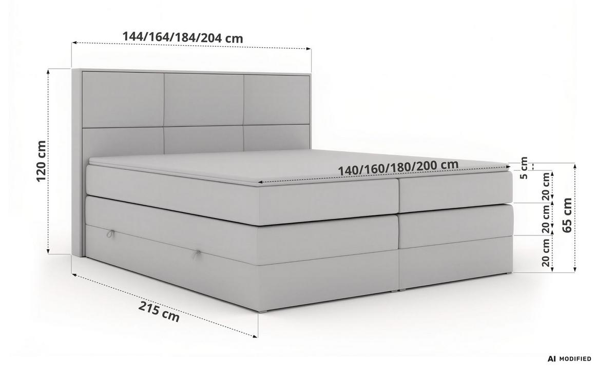 BOXSPRINGBETT DELVIT KING 140/200 - Hellgrau Velvet - Topper Visco - H3 - Hellgrau/Schwarz, Kunststoff/Textil (140/200cm) - MKS