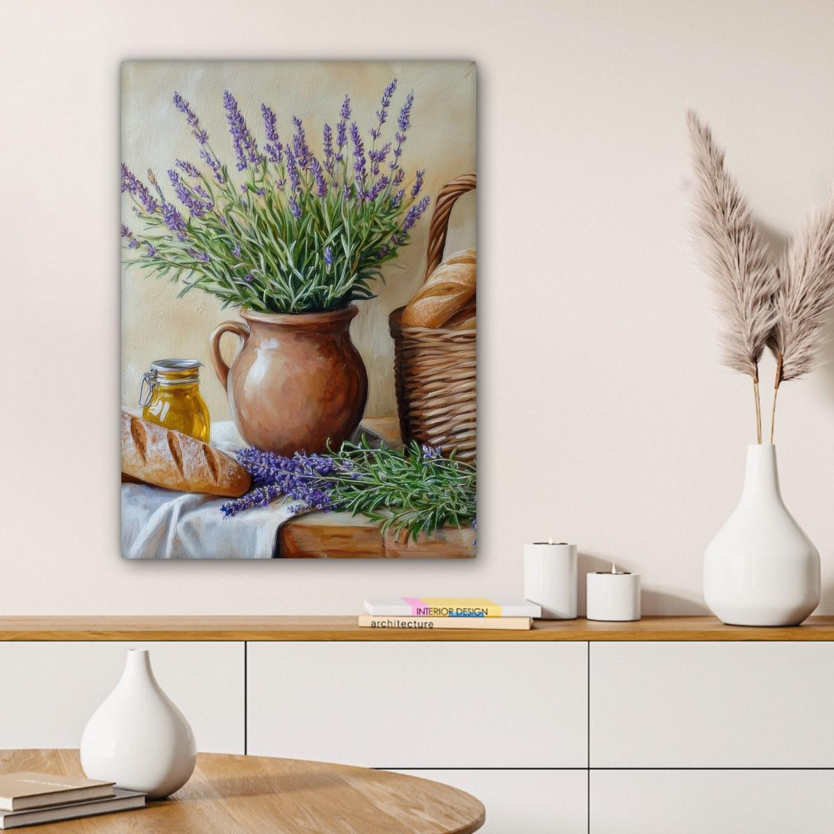 LEINWANDBILD Lavendel - Brot - Stilleben Wandbild Wohnzimmer 60x80 cm - Flieder, Textil (60/80cm) - MuchoWow