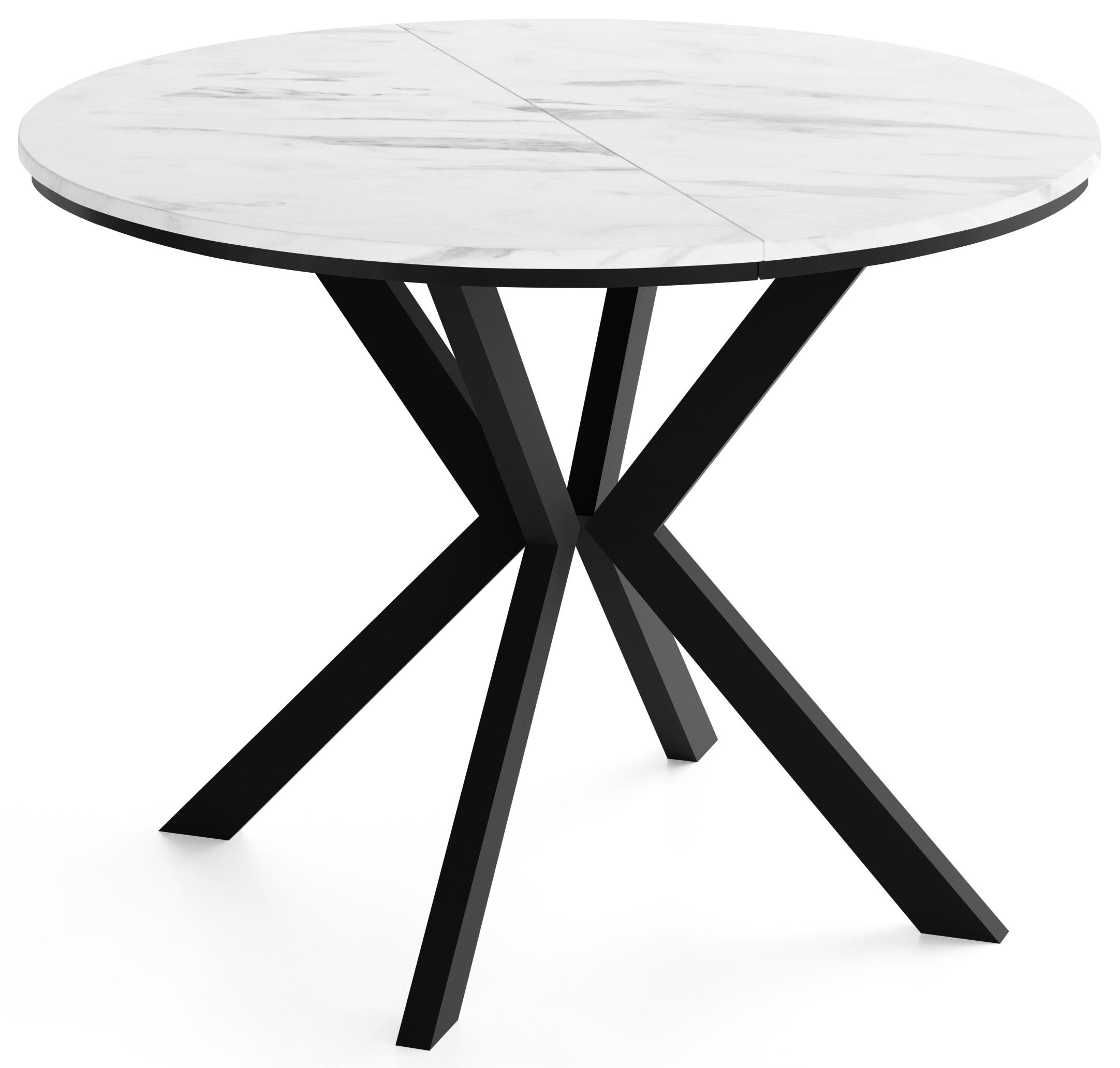 ESSTISCH Valio rund oval ausziehbar verlängerbar mit schwarzen Metallbeinen, Marmor Weiß 90-130/90/76 cm - Ecru/Schwarz, Holzwerkstoff/Metall (90/130/76cm) - WFL GROUP