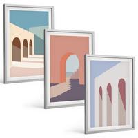 BILDER SET 3er Set - 40x60 cm Silberner Rahmen - Architekturgrafiken in Pastellfarben - Silberfarben, Kunststoff (40/60cm) - TULUP