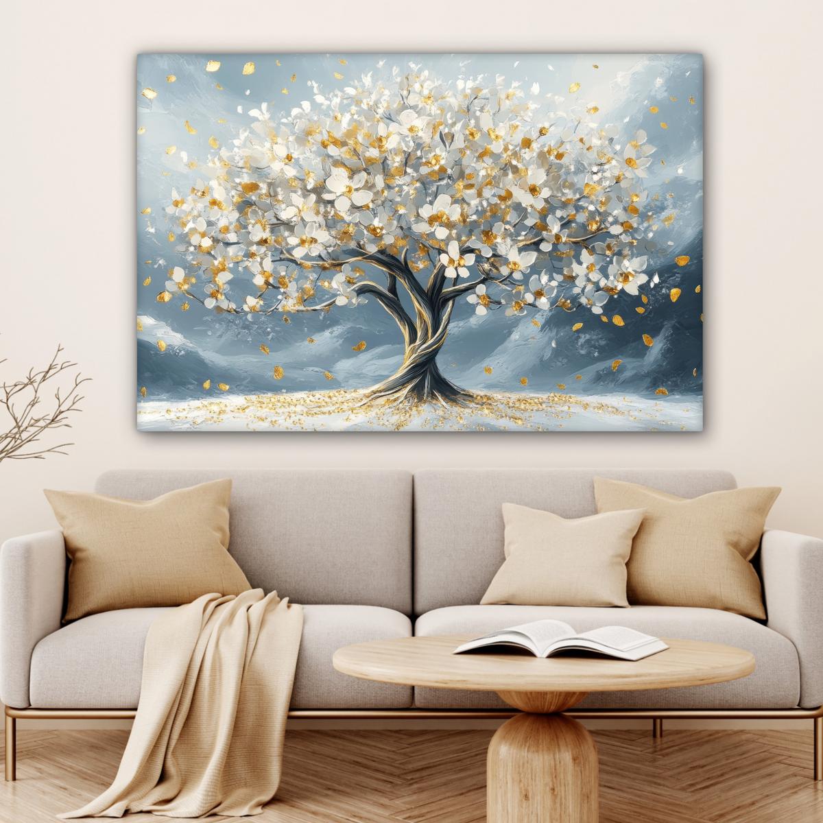 LEINWANDBILD Baum - Winter - Baum des Lebens - Modern - Gold XXL 150x100 cm - Goldfarben, Textil (150/100cm) - MuchoWow