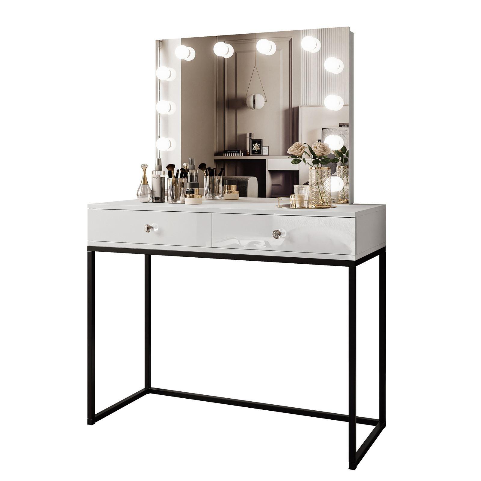 SCHMINKTISCH BLANCO LOFT ELITE mit Spiegel und Beleuchtung Weiß Hochglanz Kristallgriff - Weiß Hochglanz/Schwarz, Holzwerkstoff (100/146/42cm) - Lookway
