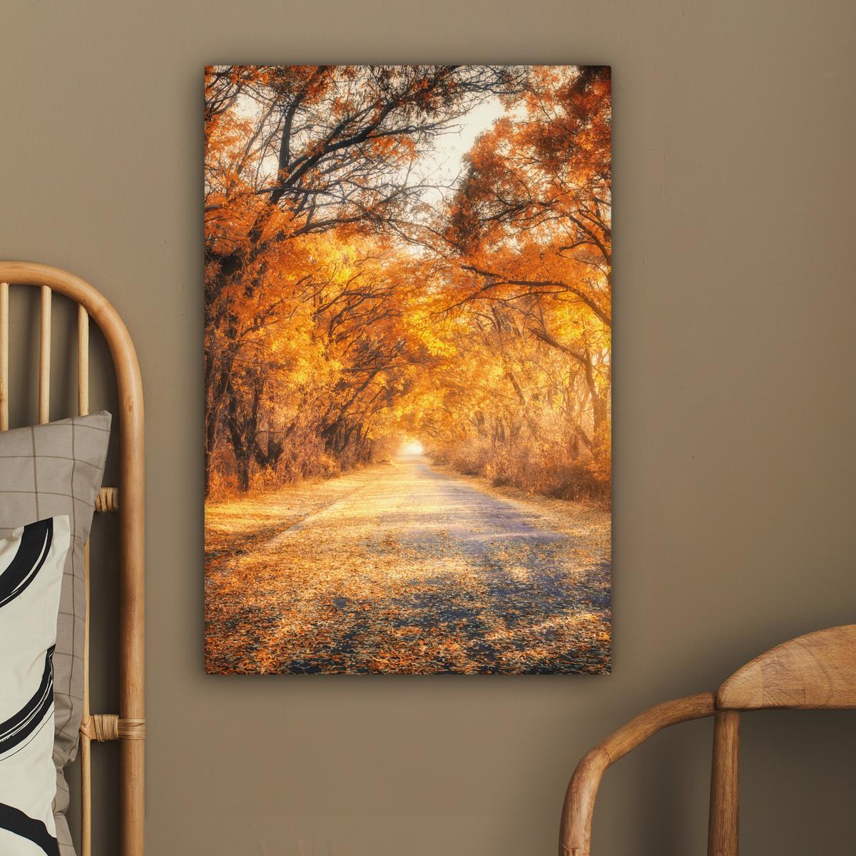 LEINWANDBILD Wald - Herbst - Bäume - Waldweg - Natur Wanddeko 40x60 cm - Bernsteinfarben, Textil (40/60cm) - MuchoWow