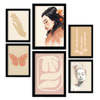 POSTER Set Mit 6 Nachdenkliche Frau A3 & A4 Schwarzer Rahmen - Schwarz, Papier (29/3cm) - Nacnic