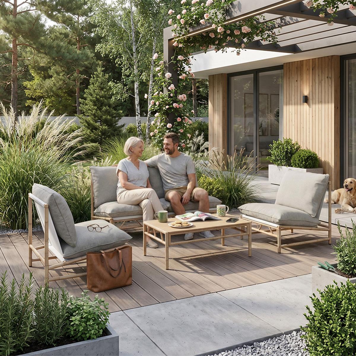 GARTENSET Kairo 2-Sitzer-Sofa, 2 Sessel und Tisch, Metallrahmen, von Bambus inspiriertes, Grau+Beige - Beige/Grau, Metall - Beautysofa