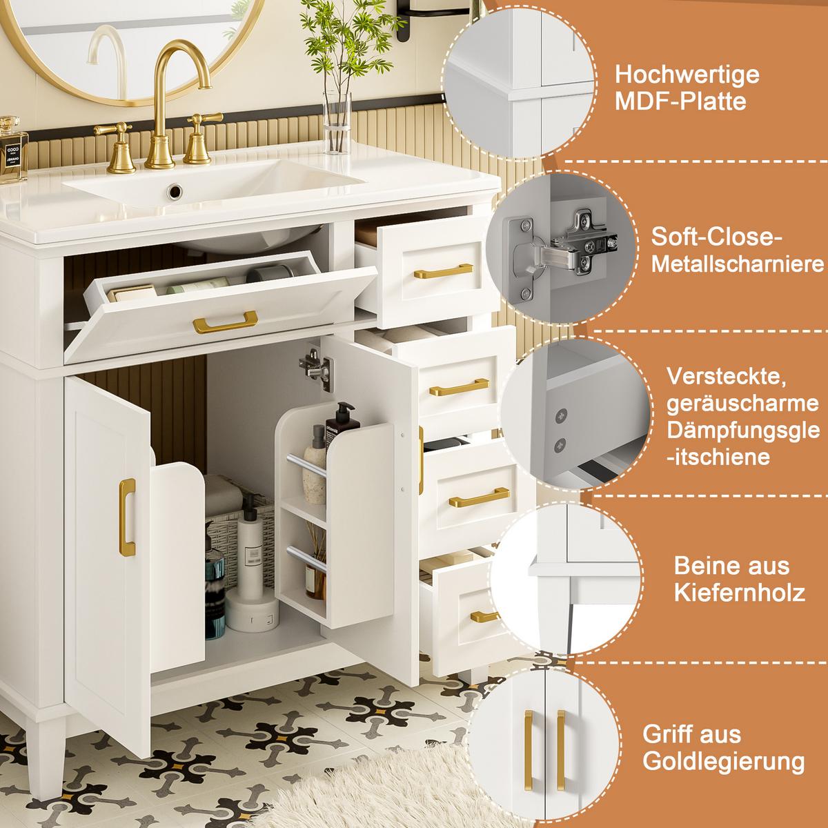 WASCHTISCH Weiß mit Goldgriffen, 5 Schubladen, Türregal & Keramikbecken 90cm - Weiß, Holzwerkstoff (90/87/46cm) - Urban Meuble