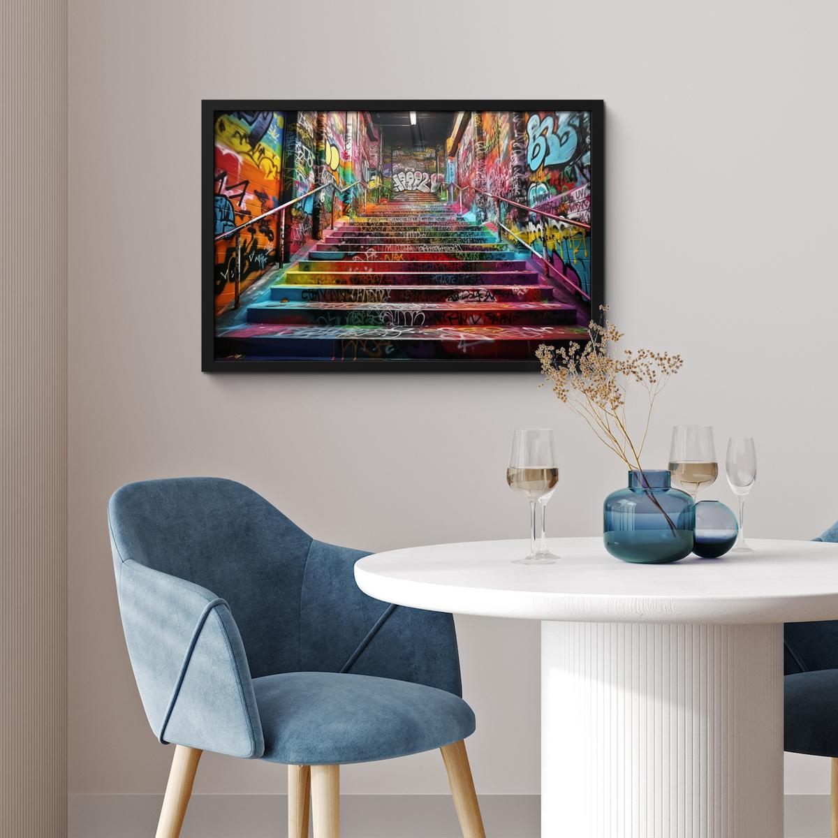 POSTER MIT RAHMENGERAHMTES BILD Treppe - Graffiti - Farben - Kunst 60x40 cm - Multicolor, Papier (60/40cm) - MuchoWow