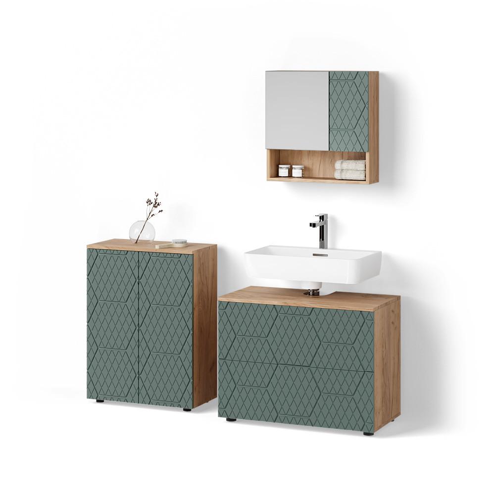 BADMÖBEL-SET Ronco Grün/Goldkraft Eiche 3 Teile, mit Unterschrank 80 cm - Honigeiche/Grün, Holzwerkstoff (80/58/41cm) - Livinity®