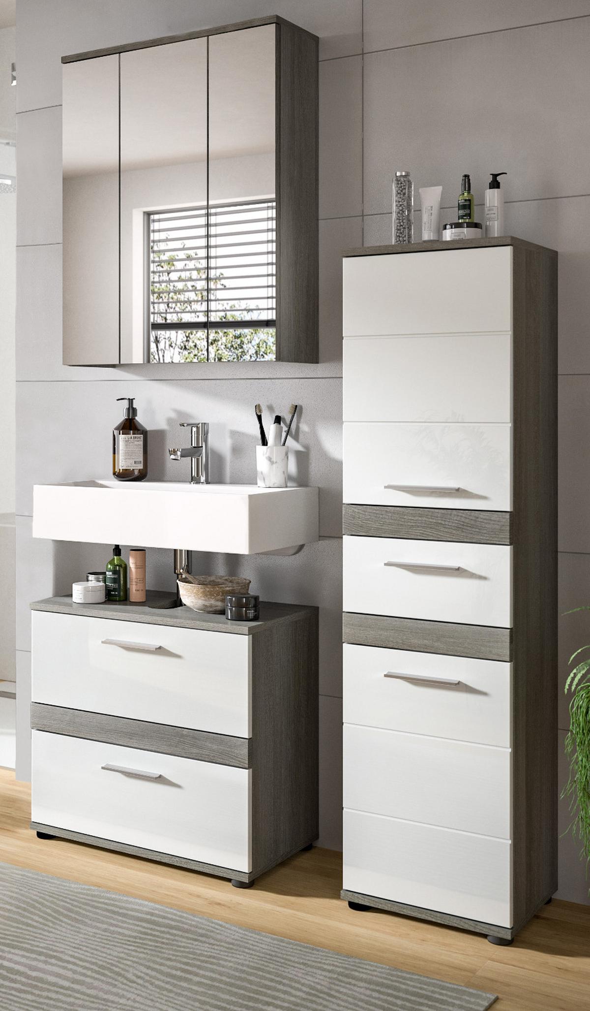 WASCHBECKENUNTERSCHRANK weiß Hochglanz, grau 60 cm, mit Schubkästen - Weiß Hochglanz/Schwarz, Holzwerkstoff/Kunststoff (60/57/34cm) - Inn.Furn