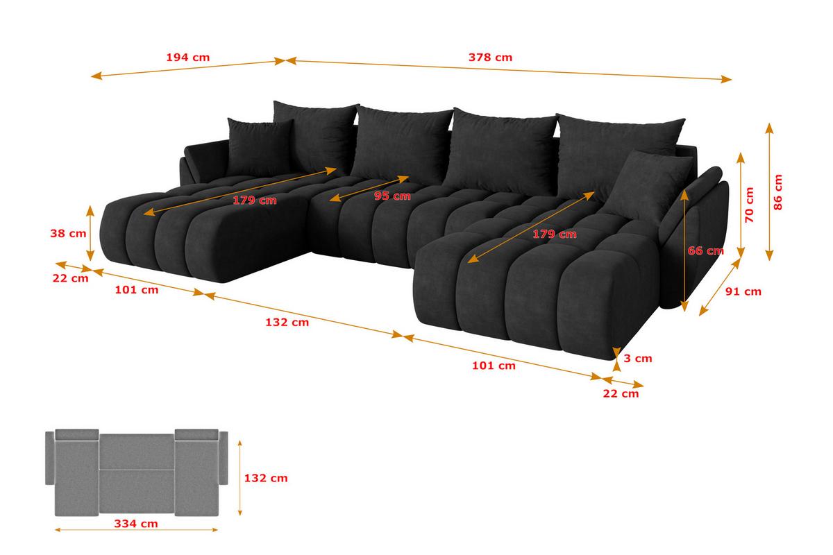 WOHNLANDSCHAFT mit Schlaffunktion und Bettkasten TOKO-U-v1 378x194x86 Schwarz Velours - Schwarz, Holzwerkstoff/Kunststoff (378/86/194cm) - ALTDECOR