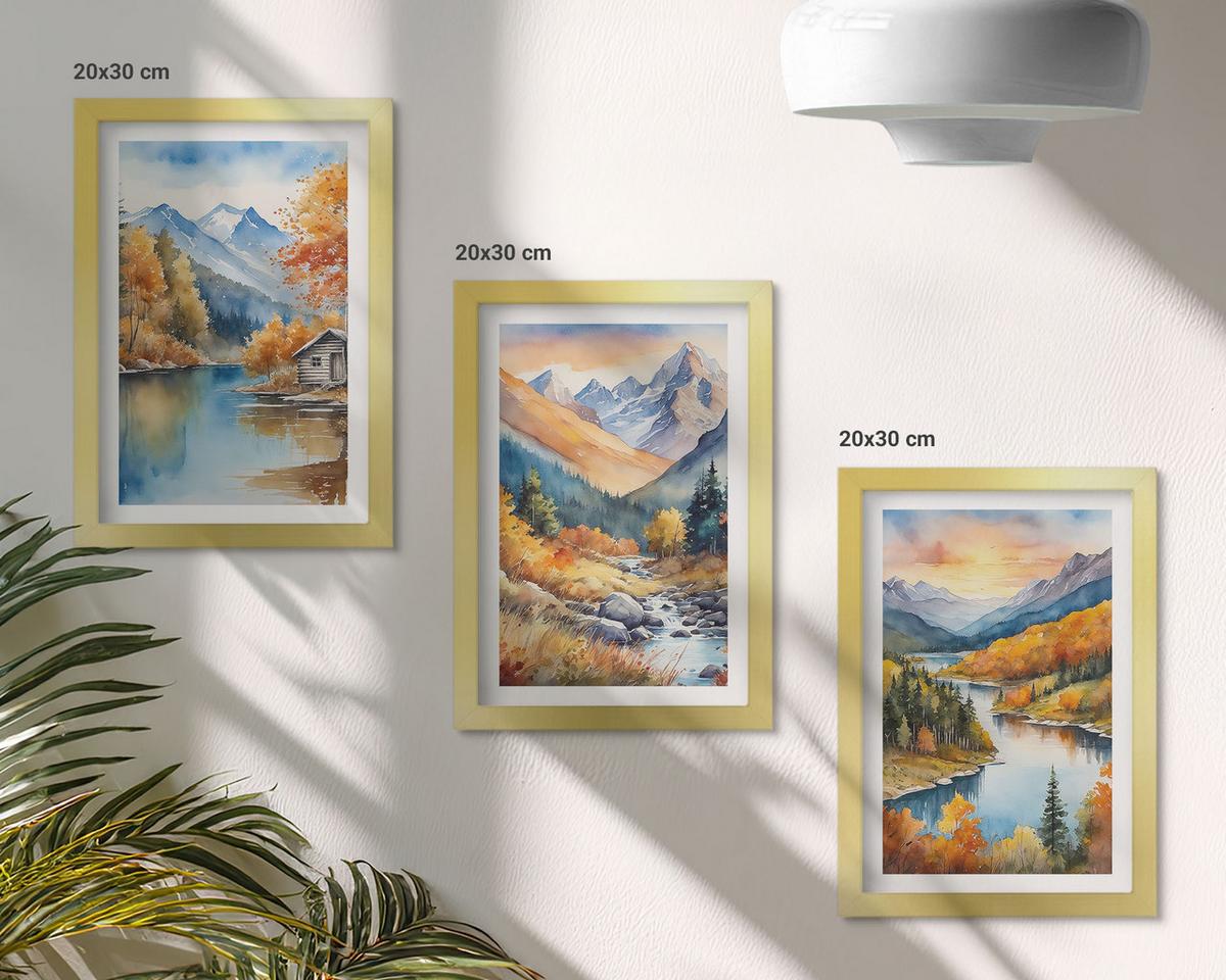 BILDER SET 3er Set - 20x30 cm Goldrahmen - Berglandschaft, Fluss, Herbst - Goldfarben, Kunststoff (20/30cm) - TULUP