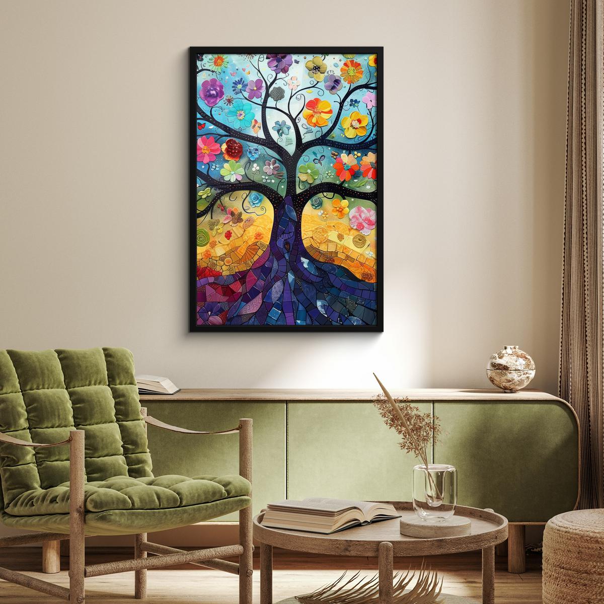 POSTER MIT RAHMENGERAHMTES BILD Kunst - Baum des Lebens - Blumen - Hippie 60x90 cm - Dunkelblau, Papier (60/90cm) - MuchoWow