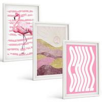BILDER SET 3er Set - 40x60 cm Weißer Rahmen - Pastelllandschaft mit rosa Flamingos - Weiß, Kunststoff (40/60cm) - TULUP