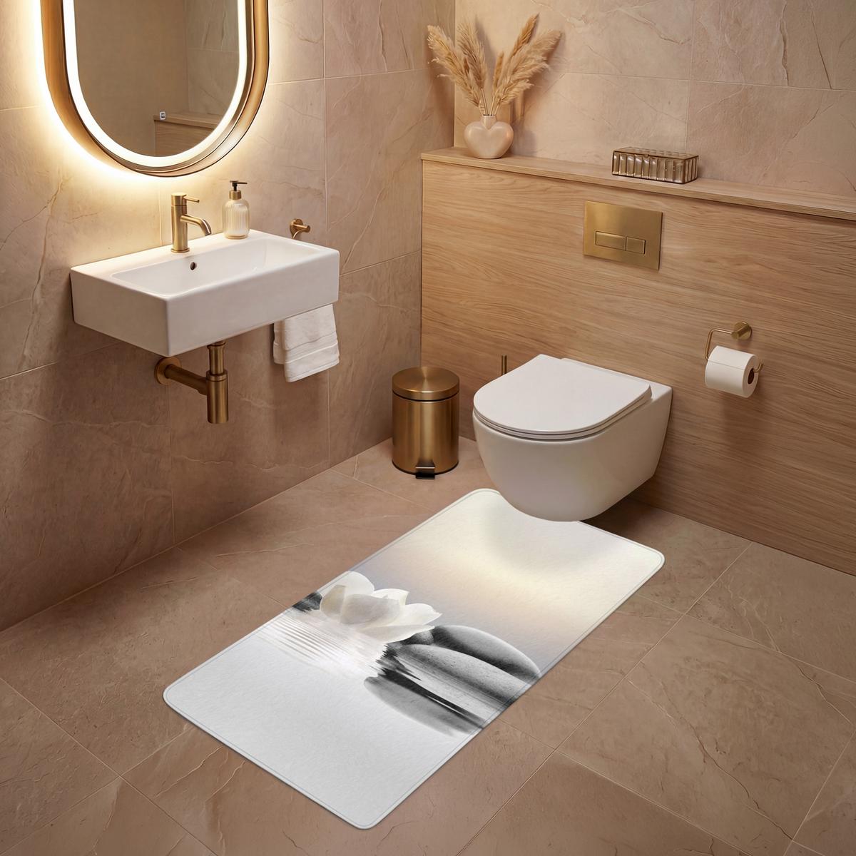 WC-VORLEGER Steine - Lotus - Weiß - Wasser - Zen Toilettenvorleger 60x120 cm - Weiß, Textil (60/1cm) - OnlyWow