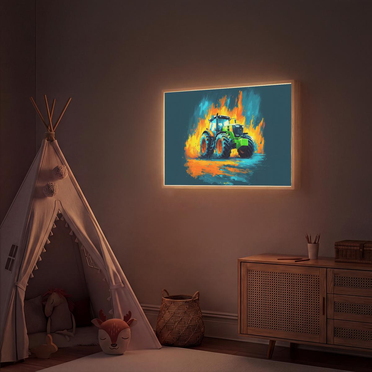 WANDLEUCHTE MIT AKKU Abstrakt - Traktor - Grün 90x60 cm - Dunkelblau, Holzwerkstoff (90/60/8cm) - OnlyWow