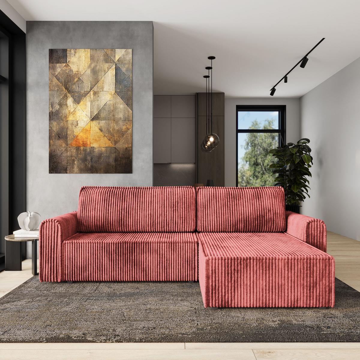 ECKSOFA VALTINO Rosa Kordstoff mit Schlaffunktion - Rosa, Holz (275/148cm) - MASSENO