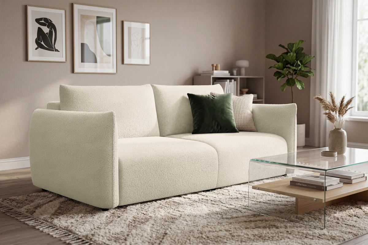 SOFA TAUER 3-Sitzer, Bouclé-Stoff ecru - Ecru/Schwarz, Holz/Textil (206/84/112cm) - Courtois Laville