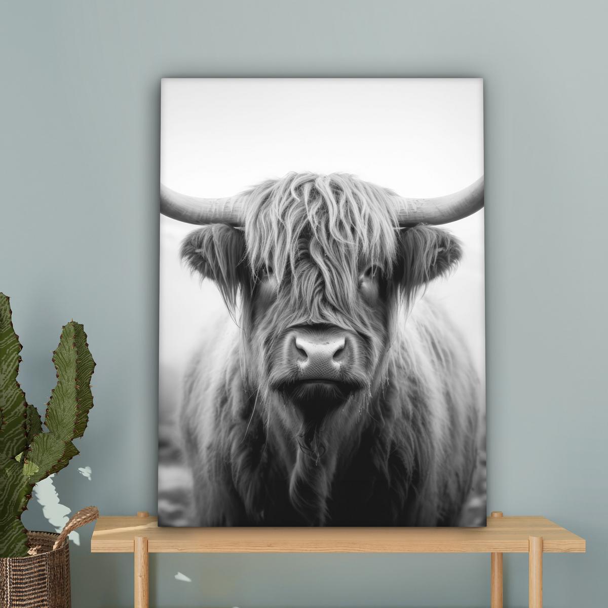 LEINWANDBILD Schottischer Highlander - Nebel - Schwarz - Weiß Wandbild Wohnzimmer 60x80 cm - Grau, Textil (60/80cm) - MuchoWow