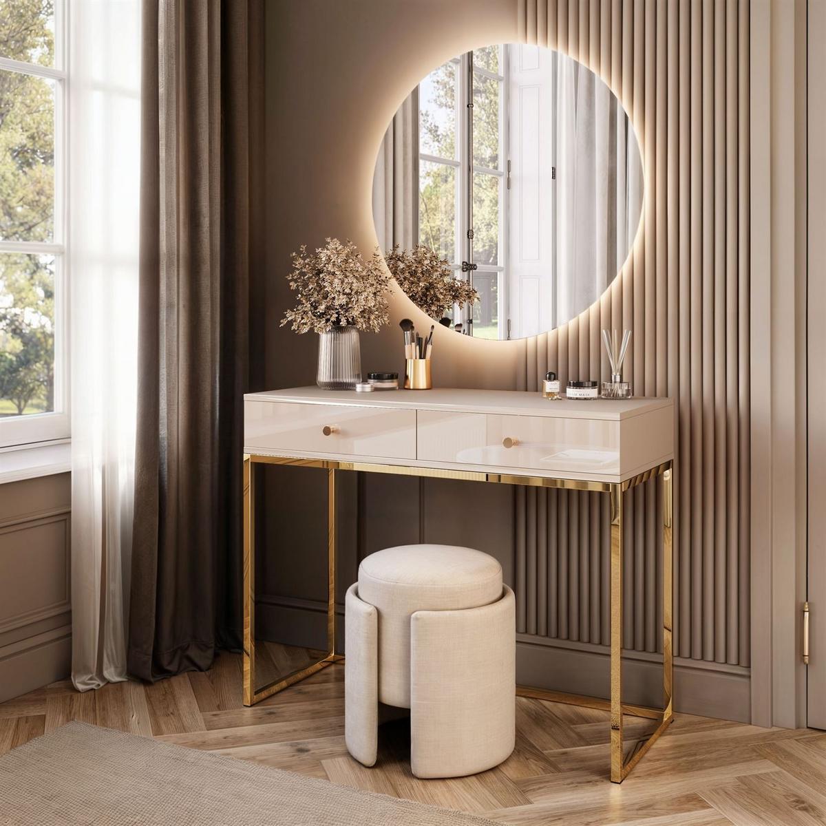 SCHMINKTISCH Blanco Glamour auf goldchrom Gestell mit LED-Spiegel goldener Griff - Goldfarben, Holzwerkstoff (100/81/42cm) - Lookway
