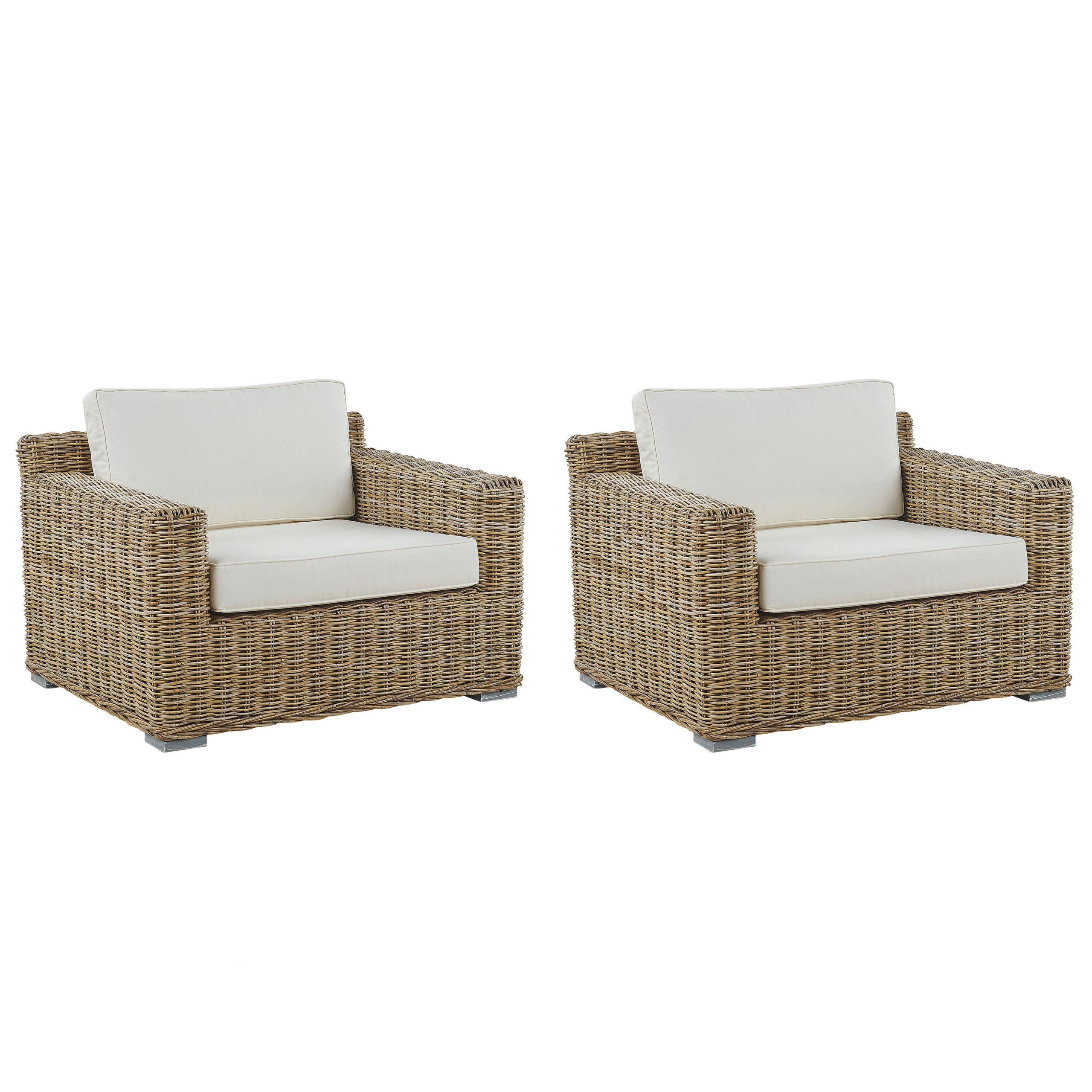 GARTENSESSEL 2er-Set Rattan natürlich Auflagen cremeweiß Ardea - Multicolor/Creme, Naturmaterialien (112/70/90cm) - Beliani