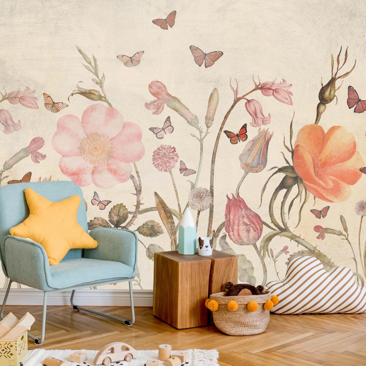 FOTOTAPETE für Kinderzimmer Wiesenblumen Aquarell Schmetterlinge Boho 450x315 - Beige/Rot, Papier (450/315cm) - Muralo