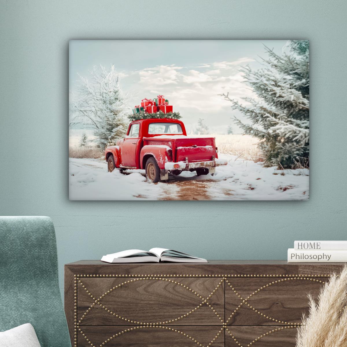 LEINWANDBILD Auto - Rot - Geschenke - Winter - Schnee - Weihnachten Gemälde 60x40 cm - Rot, Textil (60/40cm) - MuchoWow