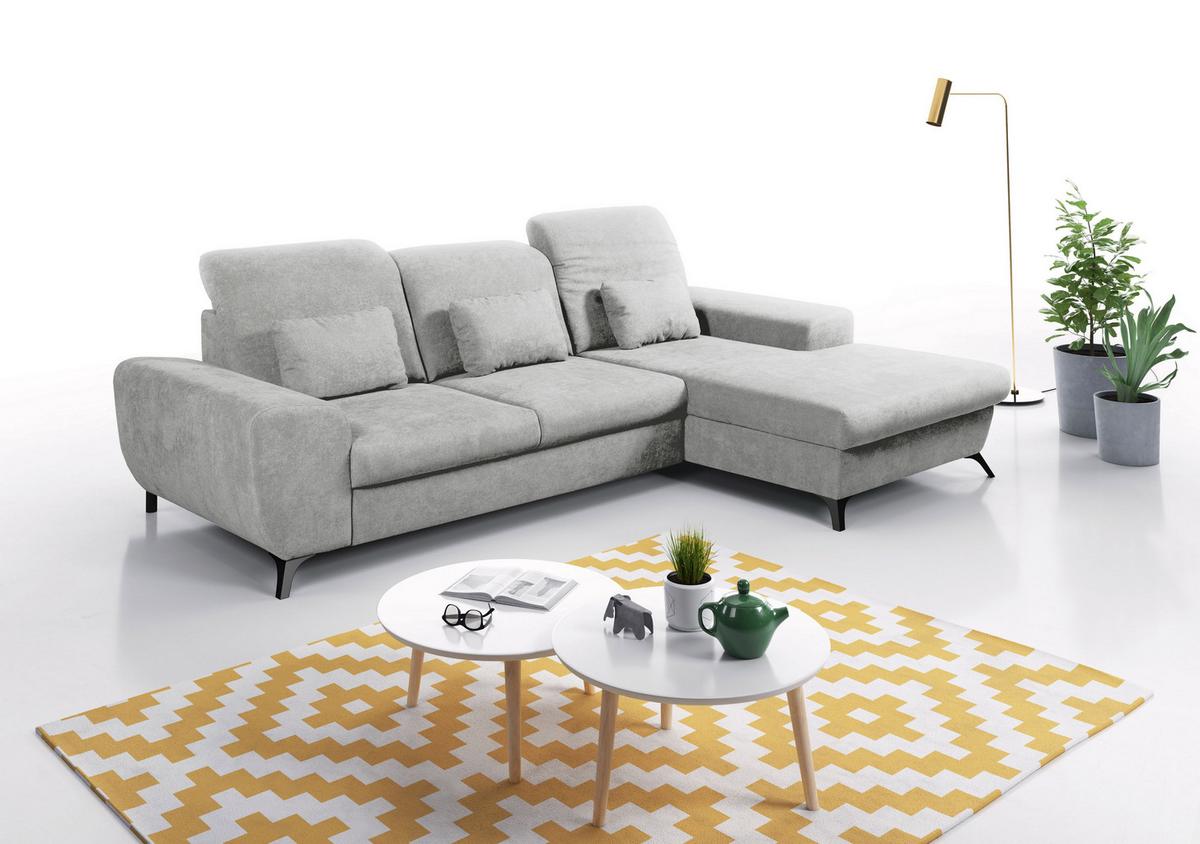 ECKSOFA LUCE R-S Grau Plüsch-Stoff mit Schlaffunktion - Grau, Holz (279/172cm) - MASSENO