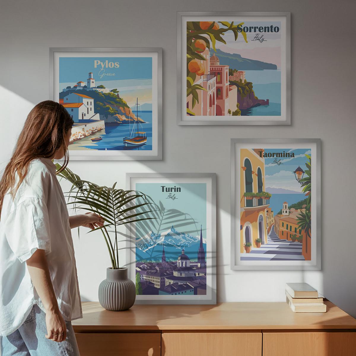 BILDER SET 4er Set - 50x50 cm & 40x60 cm Silberner Rahmen - Farbenfrohe Illustrationen von Retro-Städten - Silberfarben, Kunststoff (50/50cm) - TULUP