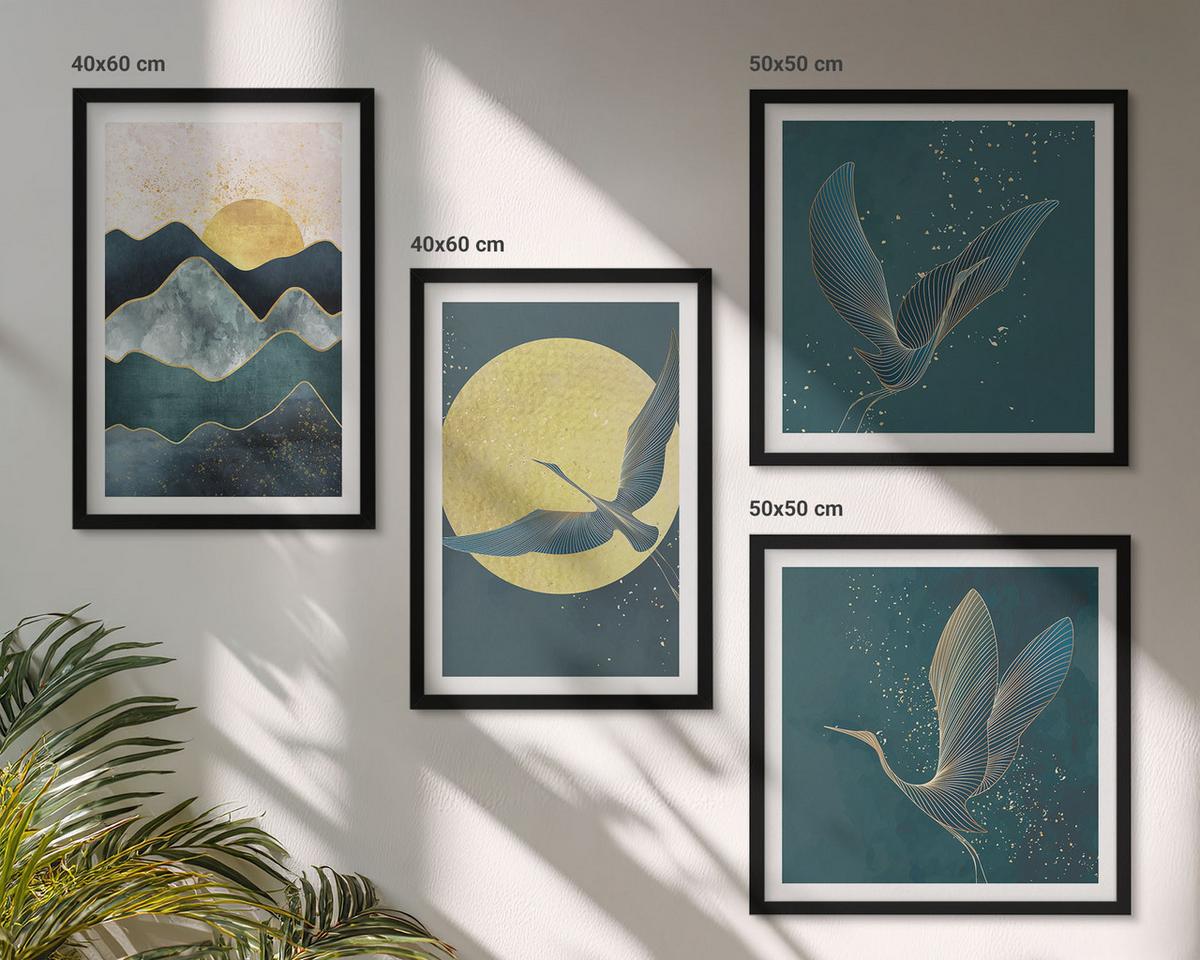 BILDER SET 4er Set - 50x50 cm & 40x60 cm Schwarzer Rahmen - Vögel, Kraniche, Mond, Berge - Schwarz, Kunststoff (50/50cm) - TULUP