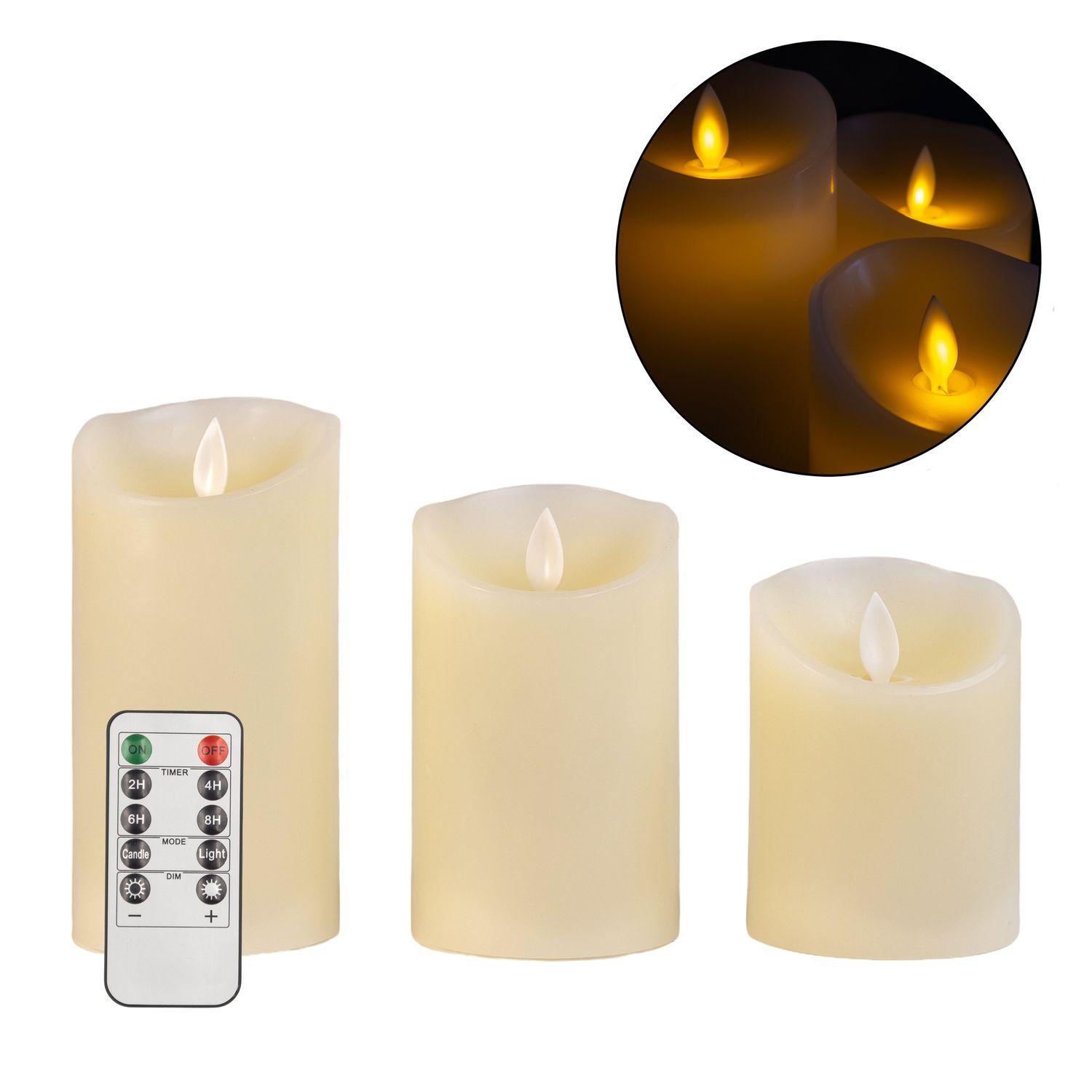 LED KERZEN SET mit Fernbedienung (3-tlg.) - Weiß, Naturmaterialen (8/8/15cm) - Intirilife