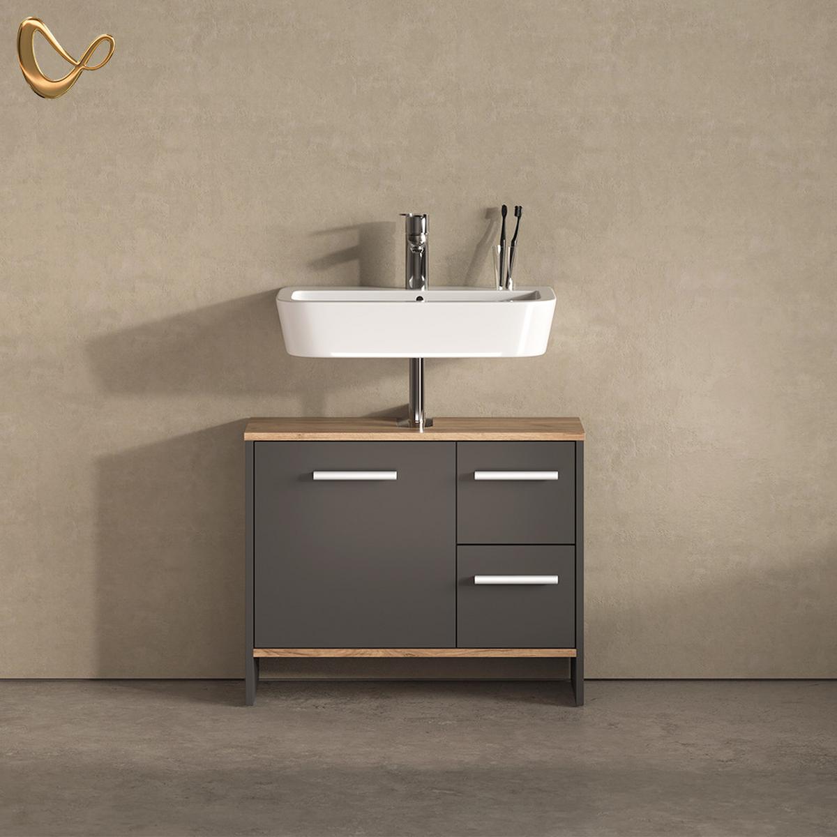 WASCHBECKENUNTERSCHRANK Amalfi Anthrazit/Goldkraft Eiche 70.2 x 57 cm mit 2 Schubladen und 1 Tür - Honigeiche/Anthrazit, Holzwerkstoff (70.2/57/27.9cm) - Livinity®