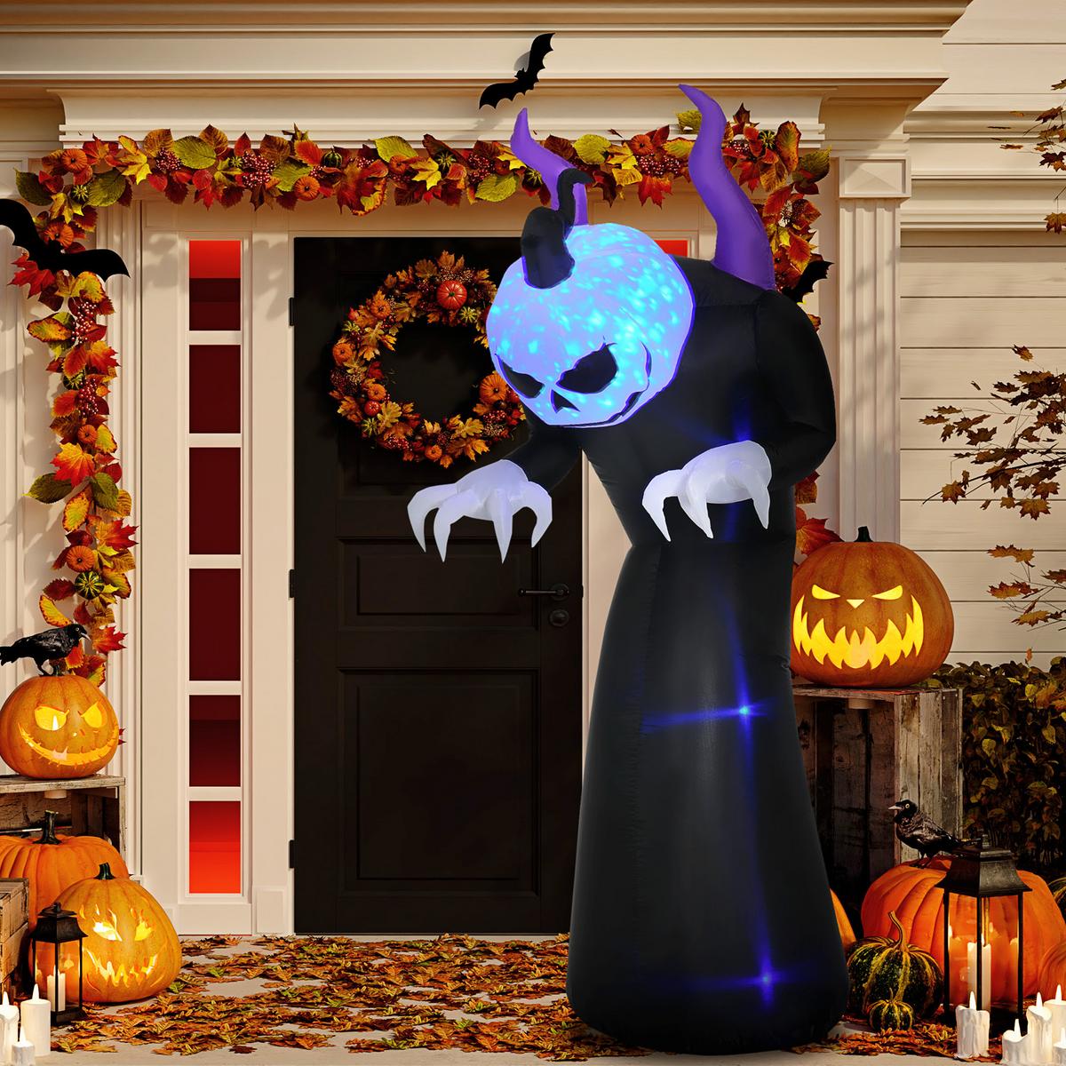 210 cm Aufblasbar Gespenst mit Kürbiskopf Halloweendeko mit LED Wasserdicht - Schwarz, Kunststoff (79/210/88cm) - Outsunny