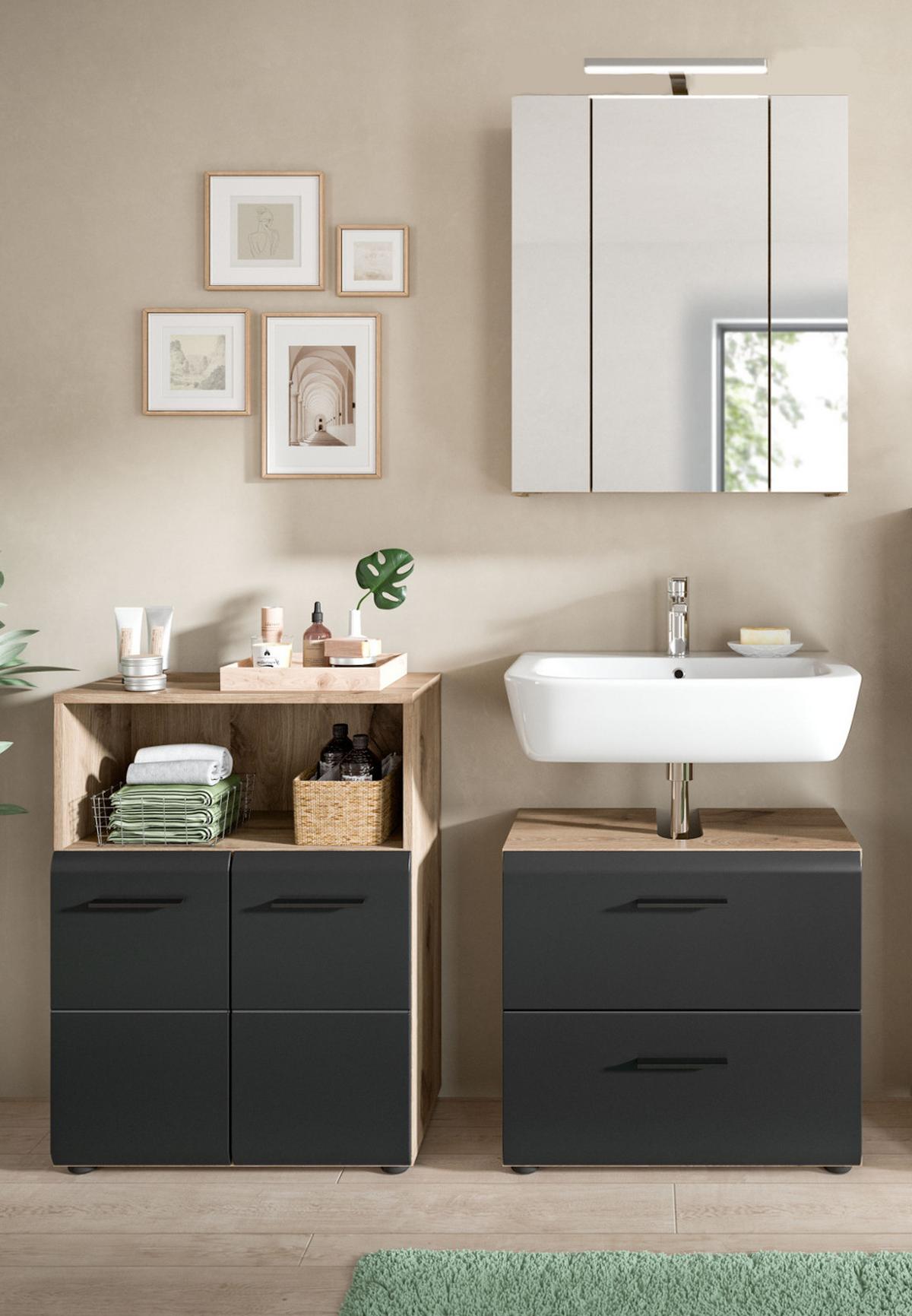 MIDISCHRANK schwarz matt, Eiche 2-türig, Badkommode 60 x 80 cm - Eichefarben/Schwarz, Holzwerkstoff/Kunststoff (60/80/30cm) - Inn.Furn