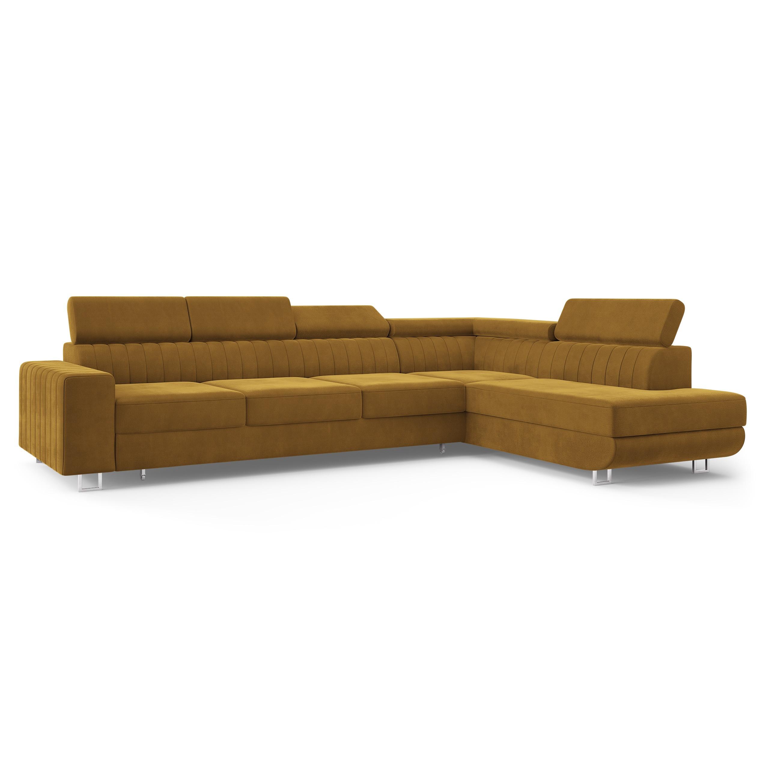 ECKSOFA HESTION Gelb Velours-Stoff mit Schlaffunktion - Gelb, Holz (332/190cm) - MASSENO