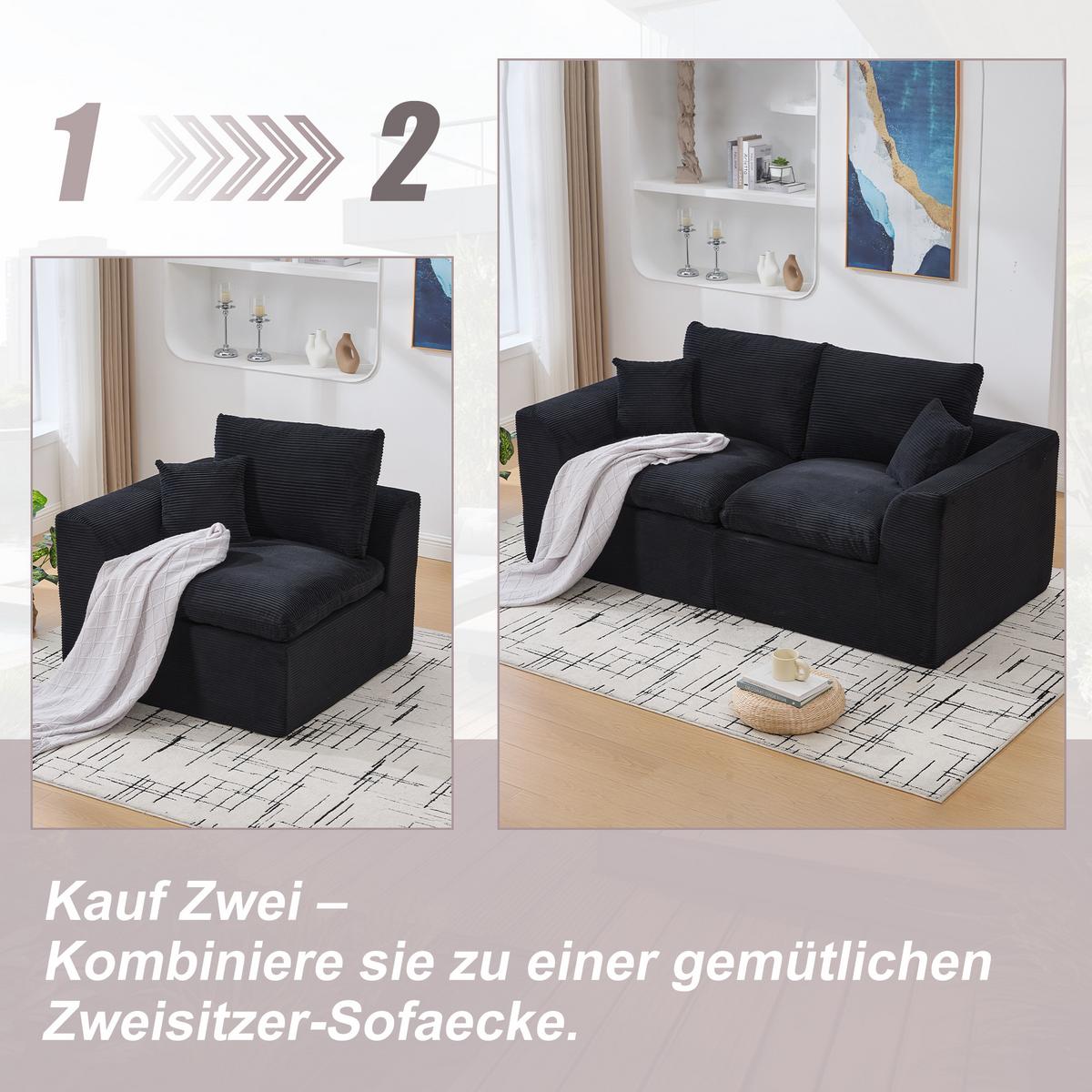 SESSEL Cord-Sofa mit Federkern-Polsterung und Kissen, Montagefrei - Schwarz, Textil (101/84/102cm) - Urban Meuble