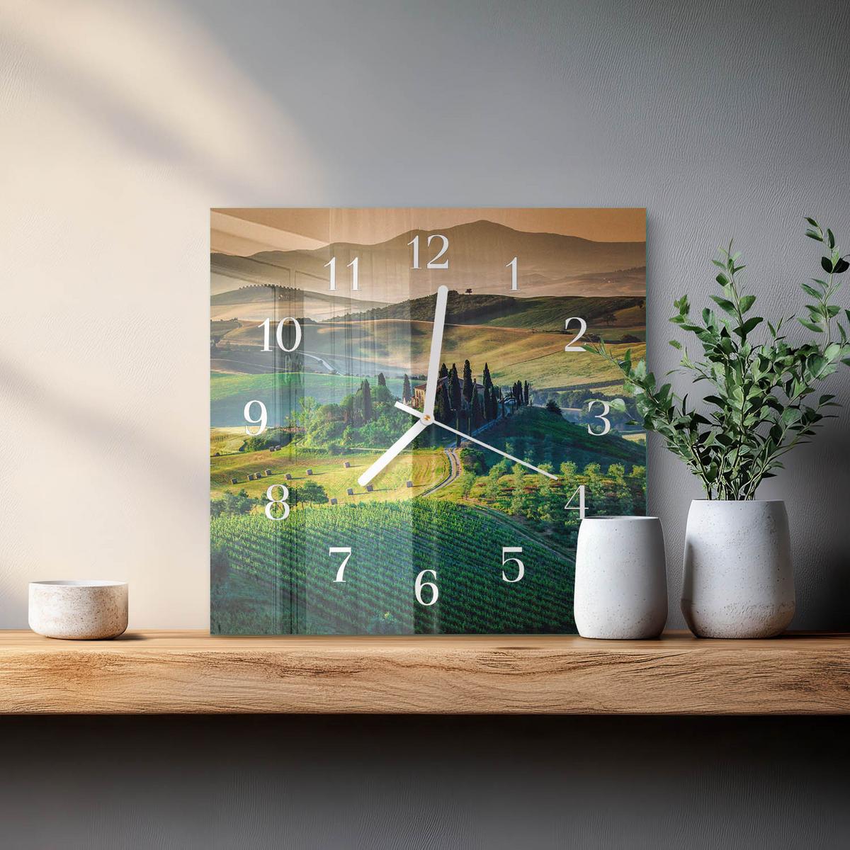 WANDUHR aus Glas 30x30 cm - Landschaft - Grün, Glas (30/30/0.4cm) - TULUP
