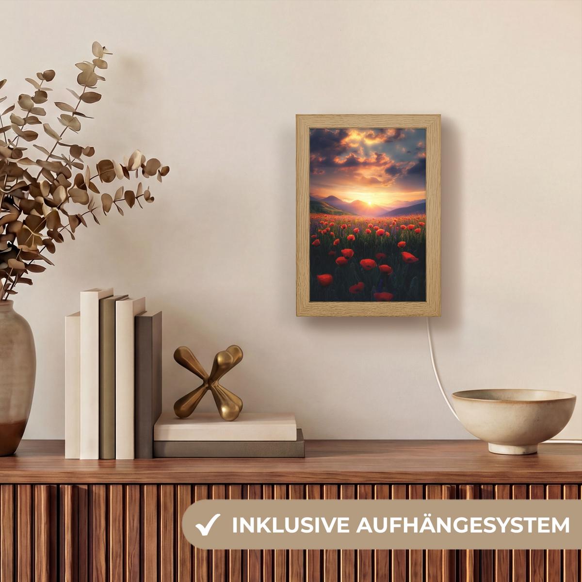 WANDLEUCHTE Landschaft - Sonnenuntergang - Blumenfeld 15x20 cm - Rot, Holzwerkstoff (15/20/8cm) - OnlyWow