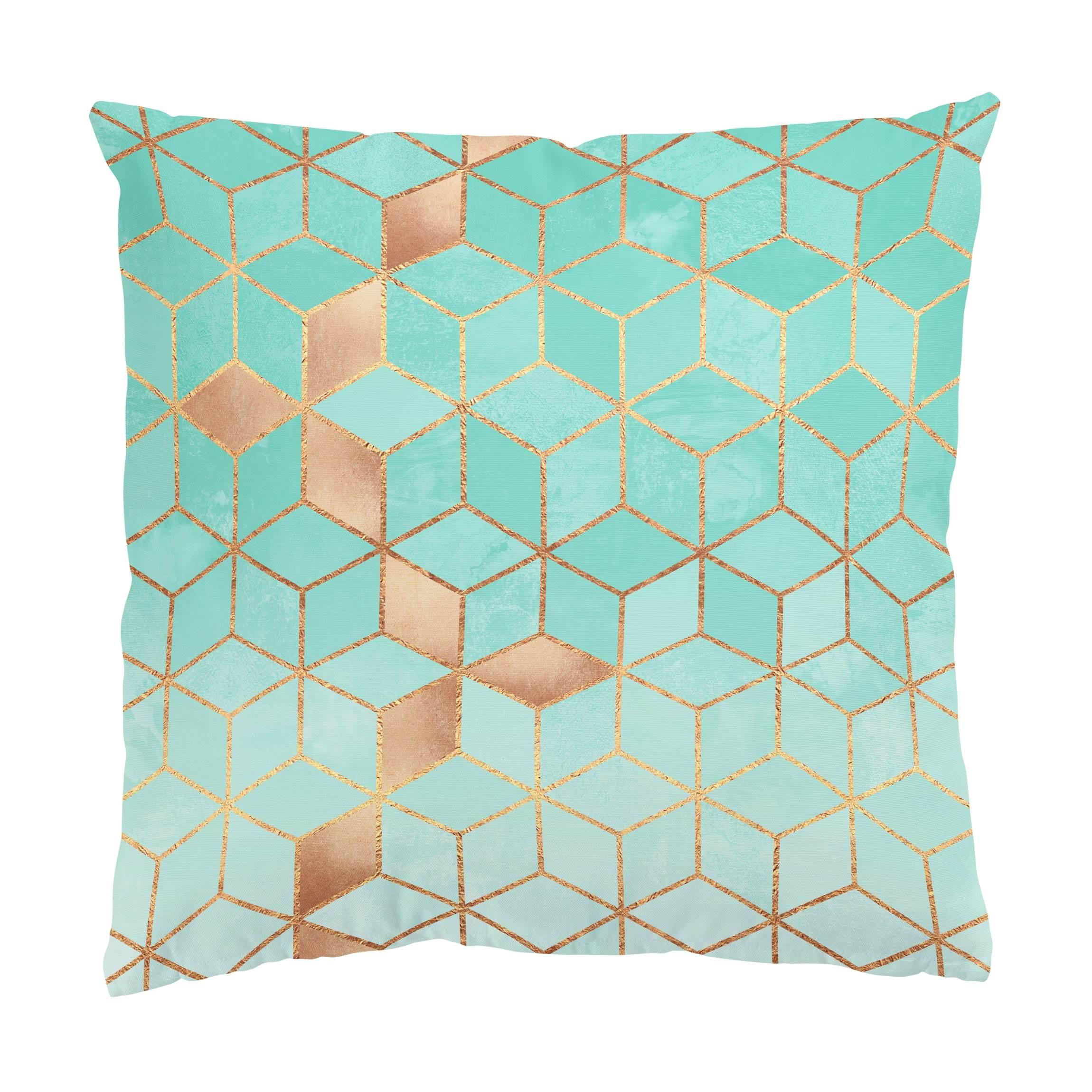 DEKOKISSEN Türkis Weiß goldene Geometrie 50/50 cm - Türkis, Textil (50/50/10cm) - Bilderwelten
