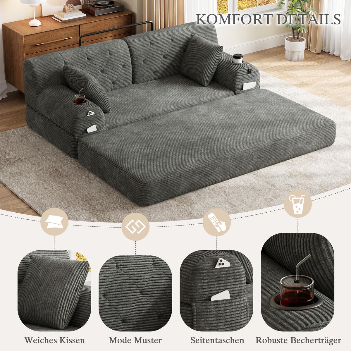 SCHLAFSOFA 2-Sitzer Cord mit Schlaffunktion, Getränkehalter & Taschen - Dunkelgrau, Textil (168/81/80cm) - Urban Meuble