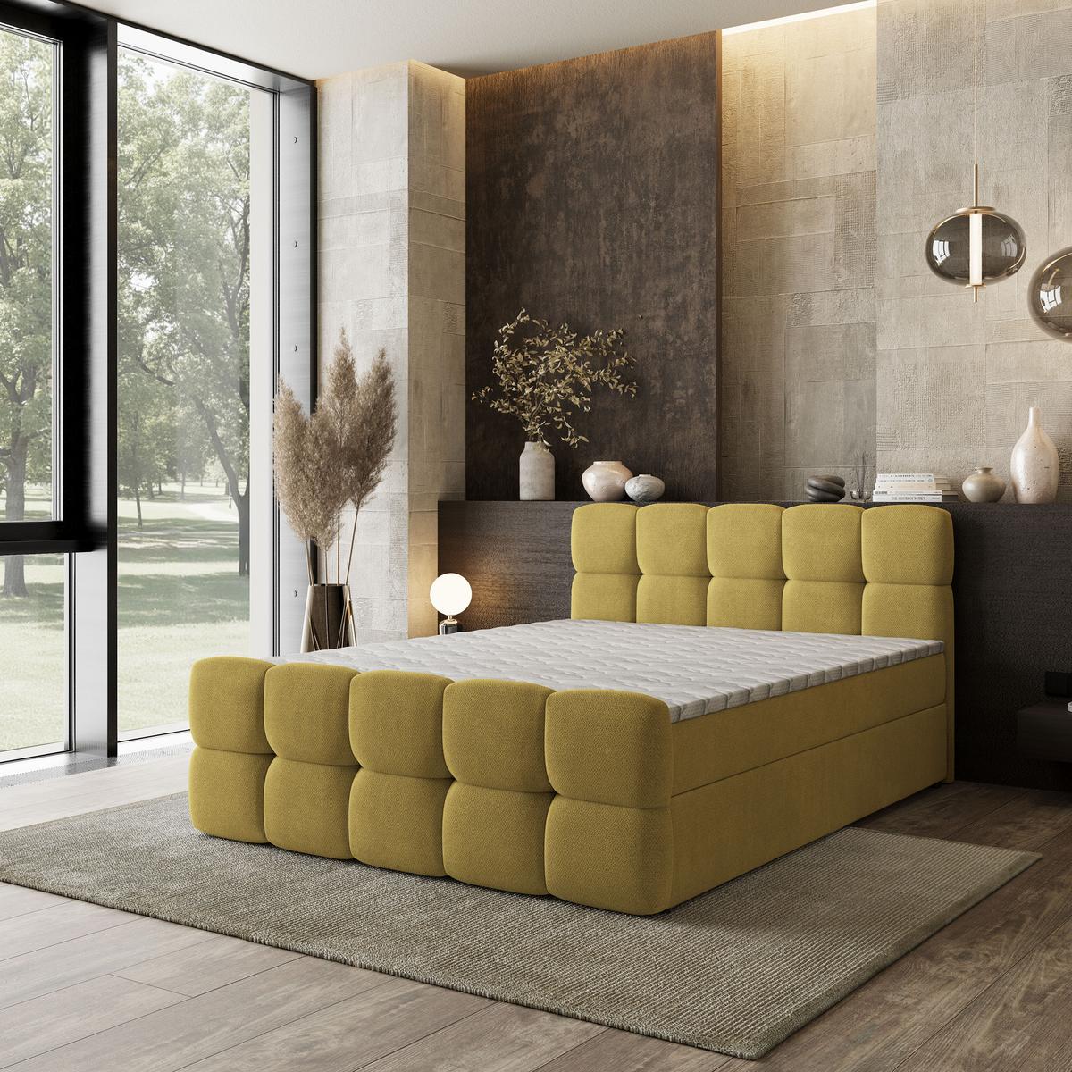 BOXBETT BRUME 200x200 cm mit Matratze und Topper, H2+H3 - Gelb - Gelb, Holz (200/200cm) - MASSENO