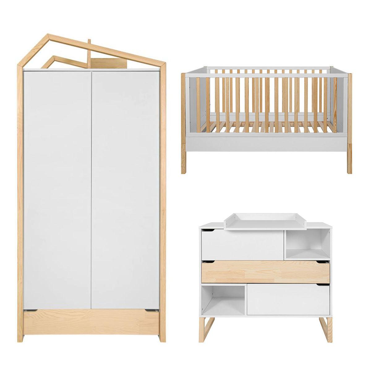 BABYZIMMER 3-teilig Juliette Weiß und Holz - Weiß, Holzwerkstoff (147.5/91.5/77.5cm) - Petits-meubles