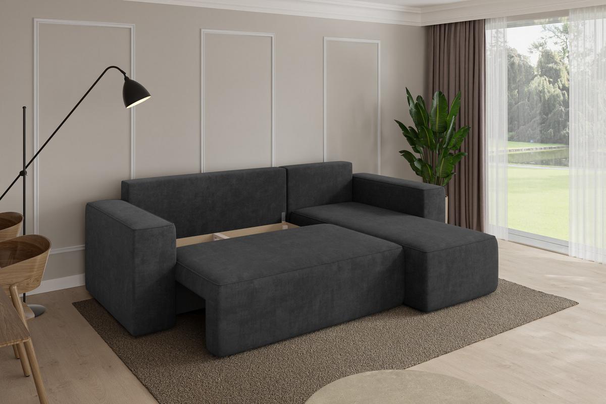 ECKSOFA mit Schlaffunktion Ottomane Rechts SENO-L 249x139x85 Dunkelgrau Velours - Anthrazit/Schwarz, Holzwerkstoff/Kunststoff (249/139cm) - ALTDECOR