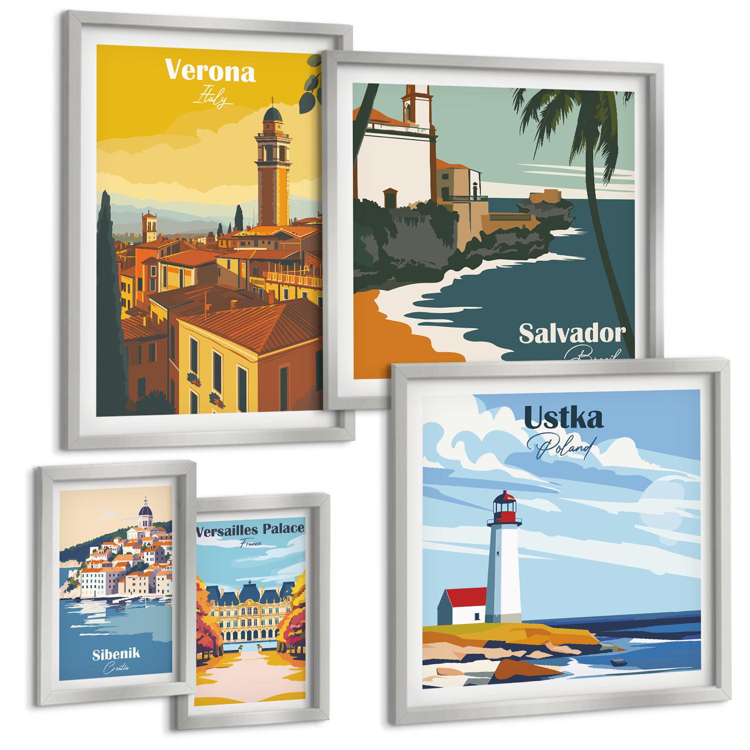 BILDER SET 5er Set - 50x50 cm & 20x30 cm & 40x60 cm Silberner Rahmen - Europäische Städte in farbigen Illustrationen - Silberfarben, Kunststoff (40/60cm) - TULUP