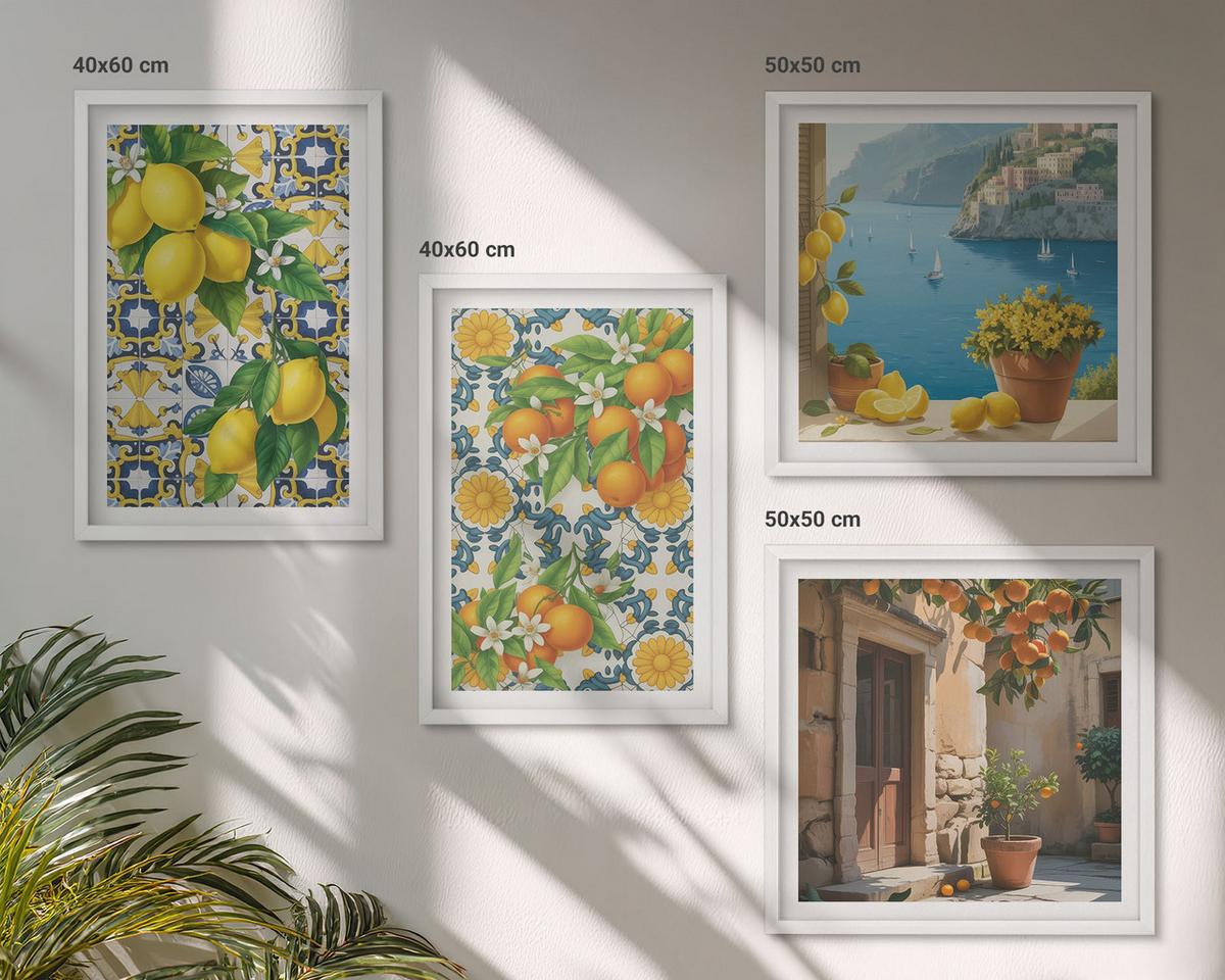 BILDER SET 4er Set - 50x50 cm & 40x60 cm Weißer Rahmen - Zitronen, Blumen, Orangen, Italien - Weiß, Kunststoff (50/50cm) - TULUP