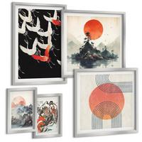 BILDER SET 5er Set - 50x50 cm & 20x30 cm & 40x60 cm Silberner Rahmen - Asiatische Landschaften Japandi - Silberfarben, Kunststoff (40/60cm) - TULUP